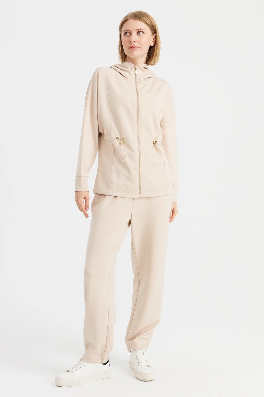 Kadın Kapüşonlu Beli Büzgülü Sweat Bej Bej