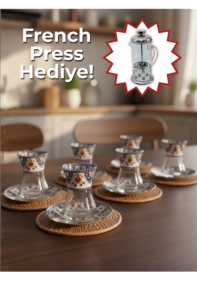 Topkapı 6 Kişilik Çay Seti, French Press Hediyeli, 9 Farklı Osmanlı Desenli Çay Bardağı Takımı 6, Topkapı Lal Genel
