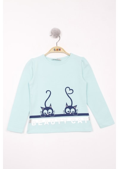 Toontoy Kids Toontoy Kız Çocuk Kedi Baskılı T-shirt Mint Yeşili