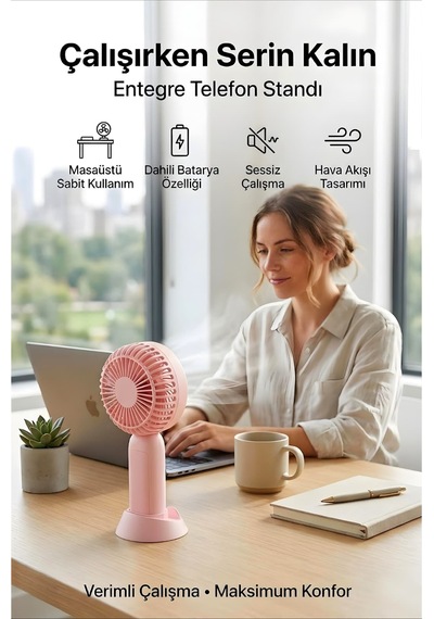 Şarjlı Taşınabilir Mini El Fanı 3 Kademeli Hız Ayarlı Telefon Standlı Vantilatör Pembe