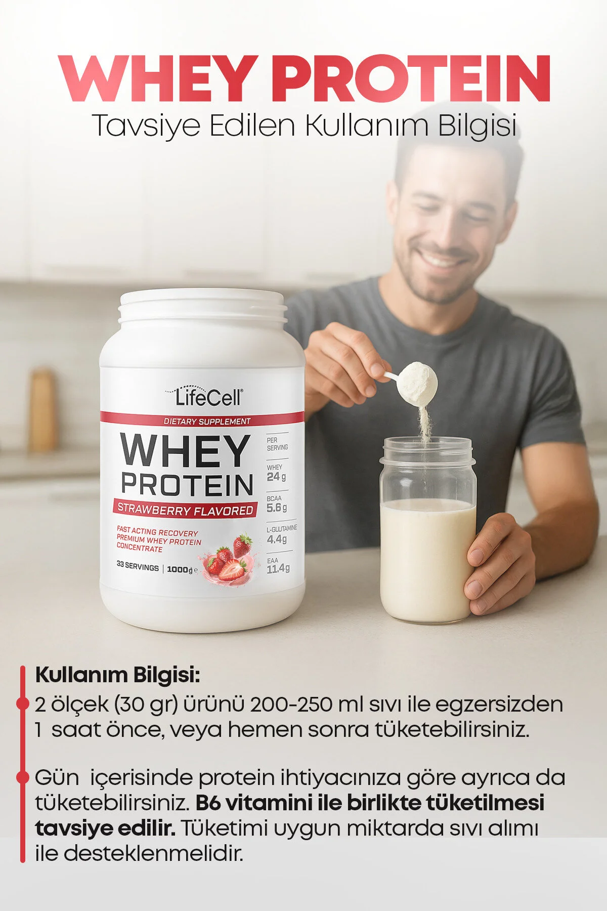 Whey Protein Tozu Çilek Aromalı 33 Servis - 1000g