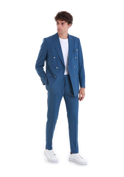 Hatemoğlu Mavi Slim Fit Çizgili Kruvaze Takım Elbise 33223024c014 65 Mavi