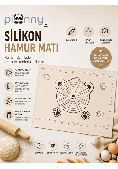 Pionny Büyük Boy Silikon Hamur Matı 35x55cm - Krem Çok Renkli