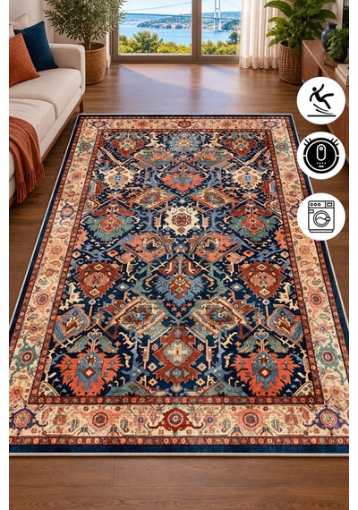 Vintage Kilim Desen Salon Oturma Odası Antre Halısı Baskılı Kaymaz Yıkanabilir Yolluk Çok Renkli