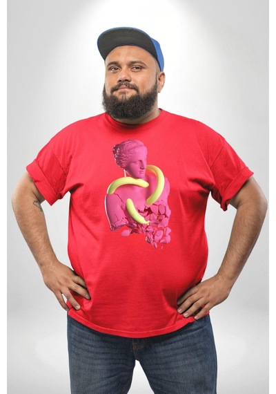 Angemiel Pop Art Yaratıcı Heykel Pembe Kırmızı Büyük Beden Erkek Kadın Unisex Basic Ön Baskılı Tişört Kırmızı