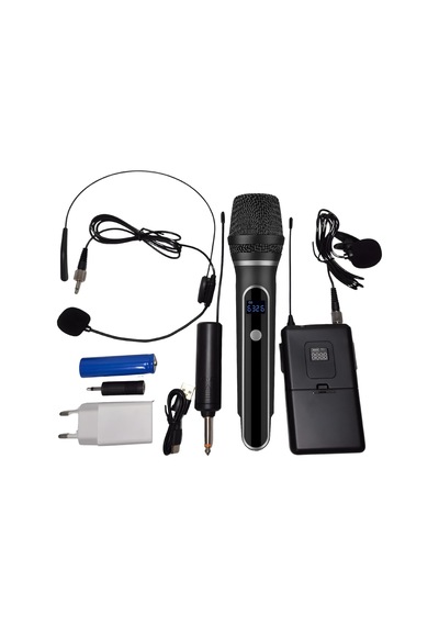 Kablosuz Mikrofon Seti Vhf 220 270 Mhz Wireless El Mikrofonu Ve Kafa Mikrofonlu Verici, 6.3 Mm Çıkışlı, 30 50 Metre Çekim Wn-07