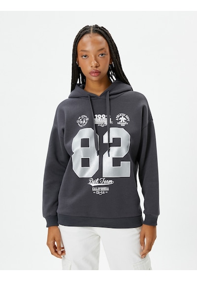 Koton Kolej Kapşonlu Sweatshirt Şardonlu Baskılı Antrasit 4wal10614ık Antrasit
