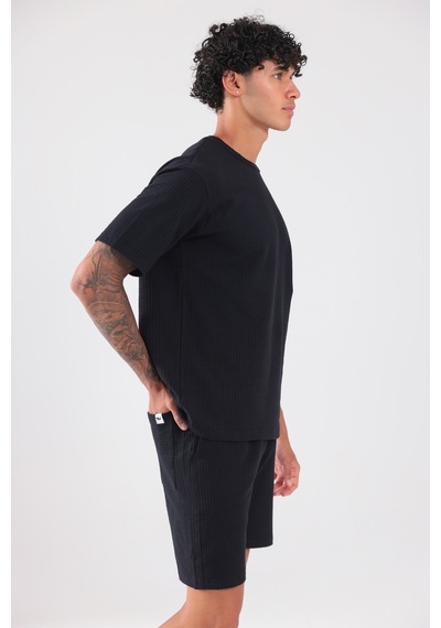 Rowinger Waffle Dokulu Oversize T-shirt Ve Şort Erkek Takım Siyah
