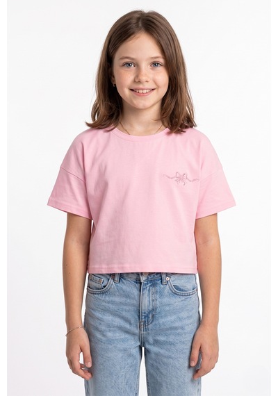 Fullamoda Kurdele Kabartma Baskılı Kız Çocuk Crop Tişört Pembe