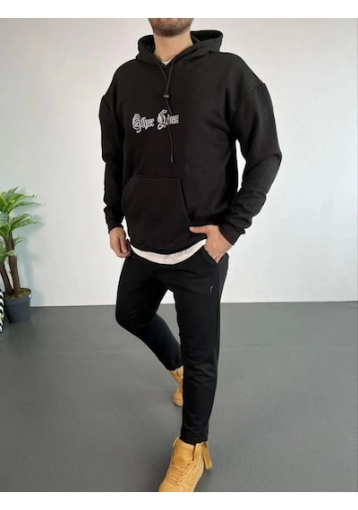 Erkek Sırt Baskılı Oversize Üç İplik Kapüşonlu Sweatshirt - Siyah