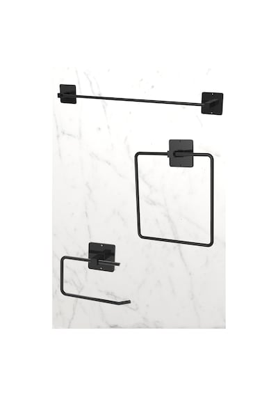 Karteya Yapışkanlı Siyah Uzun Havlu Askısı Kare Havluluk Havlu Askısı Wc Tuvalet Kağıtlık 3 Lü Banyo Set Siyah