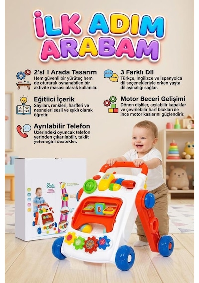 Sesli 3 Dil Seçenekli 2'si 1 Arada Oyuncak İlk Adım Arabası Ve Eğitici Aktivite Oyun Merkezi