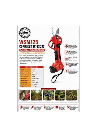Algaride Wedo Wsm125 16,8v Şarjlı Budama Makası 25mm Kesim Dijital Göstergeli 2.0 Ah Li-ion Bataryalı Prof Dal Kesme Makines
