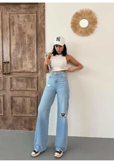 Kadın Wide-leg Fit Ön Ve Arka Lazerli Pençli Yüksek Bel Geniş Paça Kot Pantolon Açık Mavi Mavi