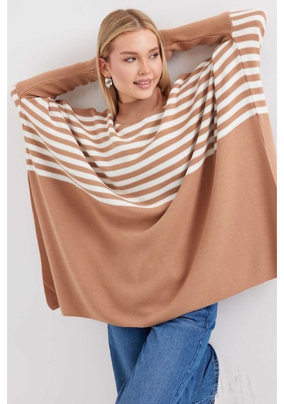 Onno Style Women Çizgili Standart Beden Triko Panço Somon