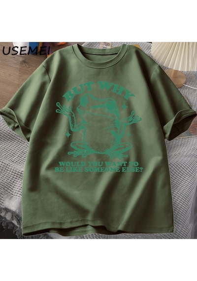 Flood Of Style Ama Neden Başka Biri Gibi Olmak İstersiniz T-shirt Erkekler Retro Komik Kurbağa Grafik T Shir Yeşil