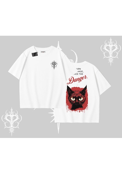 Tarzsokak Gotik Kedi Arka Baskılı Oversize Tshirt Beyaz