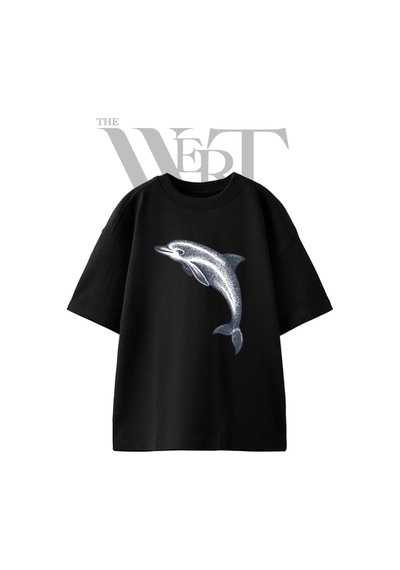 Thewert Dolphin Tasarım Baskılı Ünisex Siyah Oversize T-shirt