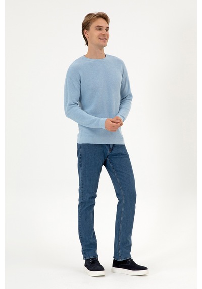 U.S. Polo Assn. Erkek Comfort Fit Bisiklet Yaka Açık Mavi Melanj Basic Kazak 50313679-VR112