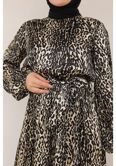 Armine Trend Leopar Desenli Beli Kemerli Elbise Siyah 24kt904 Siyah