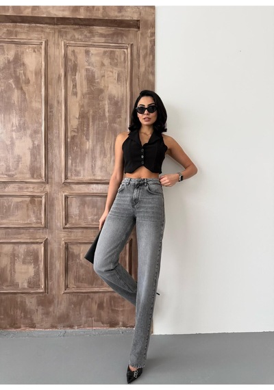 Kadın Straight Yüksek Bel Boru Paça Kot Pantolon Orta Füme Siyah+orta Füme