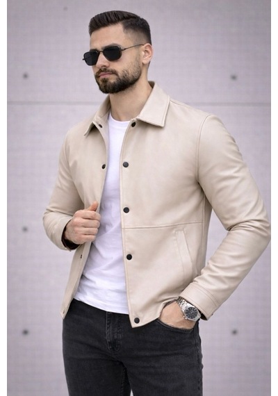 Baselco Trend Basic Deri Ceket Krem Çıtçıtlı Deri