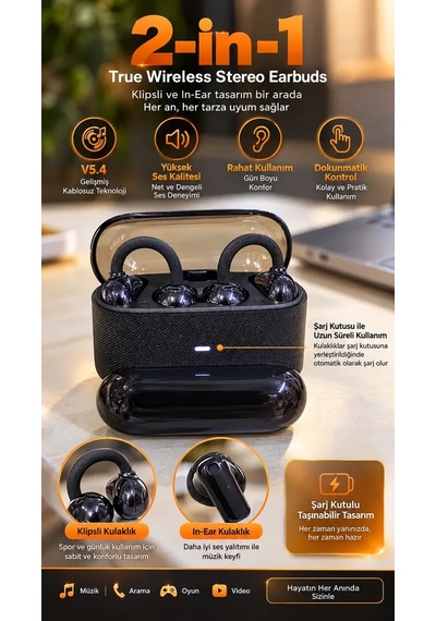 4 Kulaklıklı 2 Si 1 Arada Kablosuz Bluetooth Kulaklık Klipsli Kulak İçi Siyah ..
