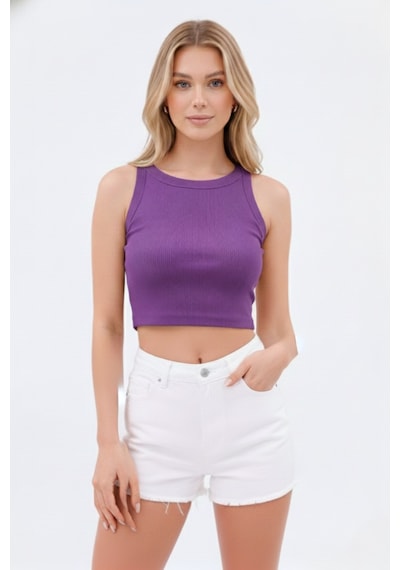 Zedefx Kadın Halter Yaka Pencere Detaylı Crop Bluz Mor