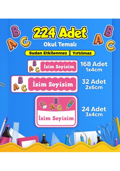 Okul Gereçleri Temalı Okul Kreş Kişiye Özel İsim Etiket Seti - Model 51 Çok Renkli