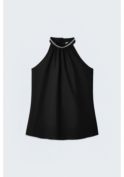 Sateen Yakası Aksesuarlı Kolsuz Bluz - Siyah-137436