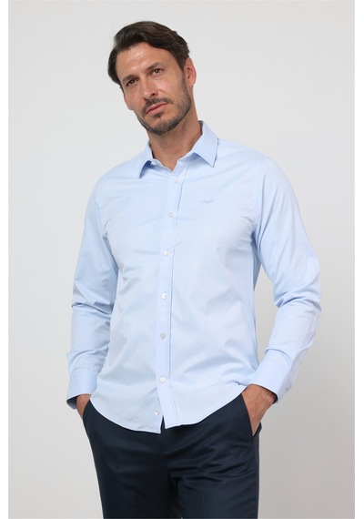 İmza Mavi Sert Yaka Uzun Kol Cepsiz Slim Fit Pamuklu Gömlek 1004260213