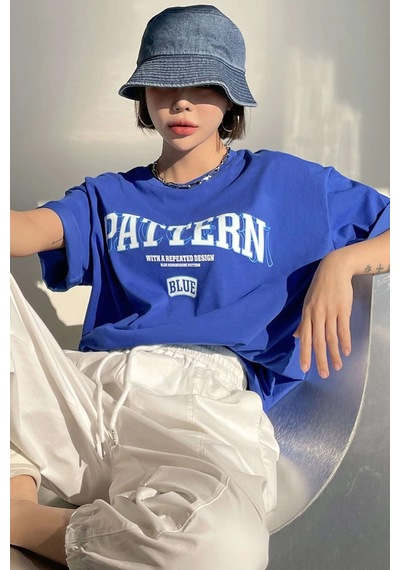 Unisex Pattern Blue Baskılı Tasarım Tshirt Mavi