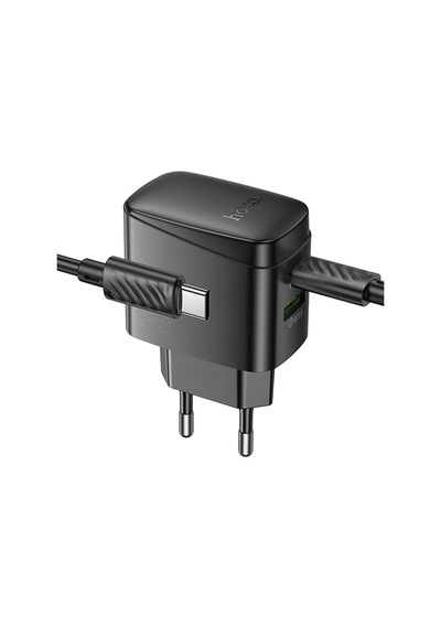 Hoco. Cs61a Bright 30w 1 Adet Type-c Ve 1 Adet Usb 3.0 Qc Çıkışlı Ekstra Type-c To Type-c Kablolu Pd Hızlı Şarj Aleti - Siyah
