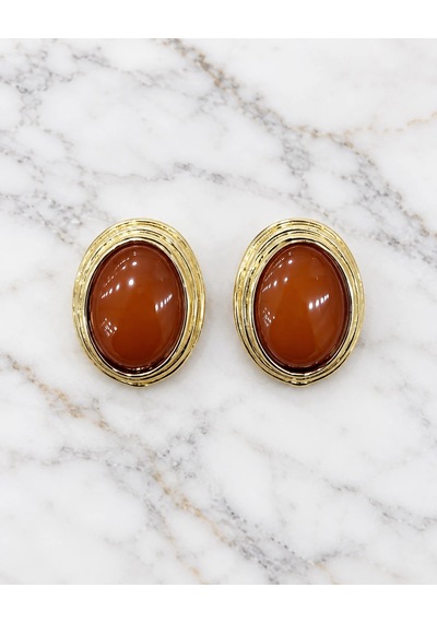 Premium Parlak Ve Şık Gold Renk Kahve Oval Taşlı Kadın Çelik Küpe Altın