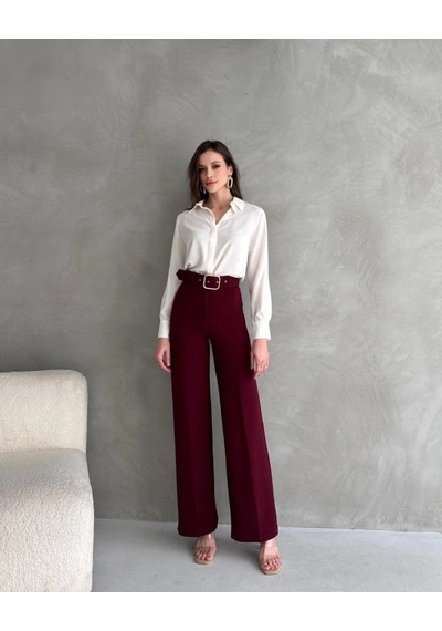 Zenna Tarz En-boy Likralı Çift Düğmeli Ve Kemerli Palazzo Pantolon Bordo