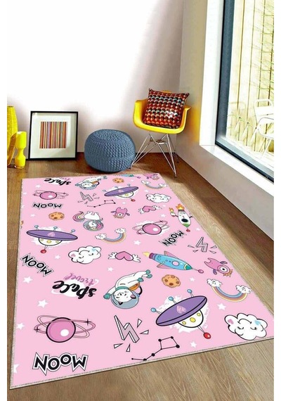 Pembe Kaymaz Tabanlı Yıkanır Uzay Temalı Çocuk Halısı Kd119n11