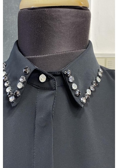 Pera Moda Yakası Taşlı Basic İç Göstermeyen Şık Gömlek Siyah