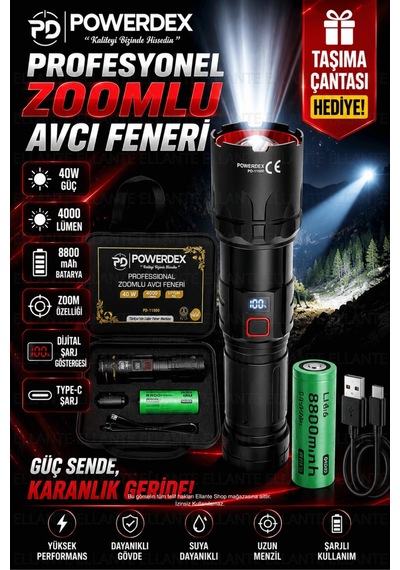 Profesyonel Zoomlu Avcı Feneri 40w 4000 Lümen 8800 Mah Şarjlı Led El Feneri Dijital Batarya Gösterge Çok Renkli