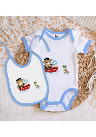 Bk Kids Sevimli Kaptan Tasarımlı Mavi Bebek Body Zıbın Ve Mama Ön Çok Renkli