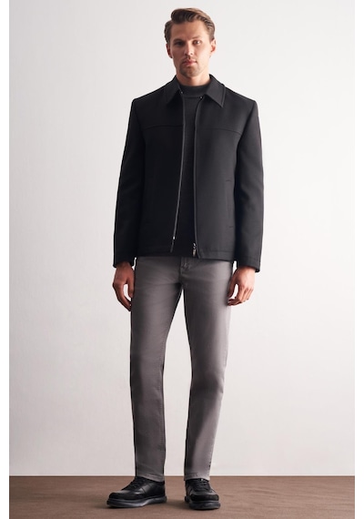 İmza Siyah Berberi Yaka Tam Astar Classic Slim Fit Esnek Kaşe Mont 1007255121 Siyah