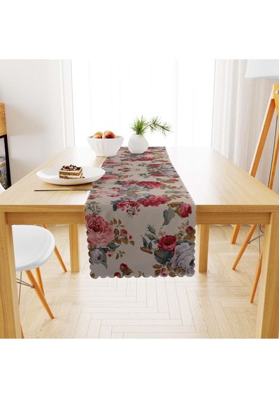 Renkli Desenli Krem Zemin Pudra Gri Dijital Baskılı Süet Dokuma Runner 40x140