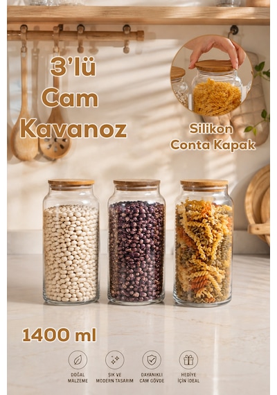 Herevin 232009-000 Cam Saklama Kavanozu 1400 Ml Ahşap Kapaklı Mutfak Erzak Kavanozu