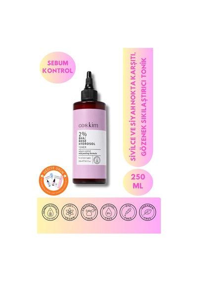 %2 Bha Gül Hidrosol Tonik 250 Ml Gözenek Sıkılaştırıcı, Akne Ve Siyah Nokta Karşıtı Yağ Dengeleyici