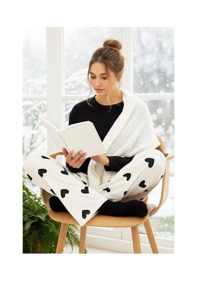 Siyah İnci Pamuklu Örme Pijama Takım7948 Beyaz Siyah Kalp