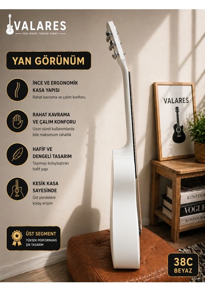 Valares 38c Kesik Kasa Beyaz Akustik Gitar 38 İnç 4/4 Yetişkin Üst Segment Çanta Capo Askı Pena