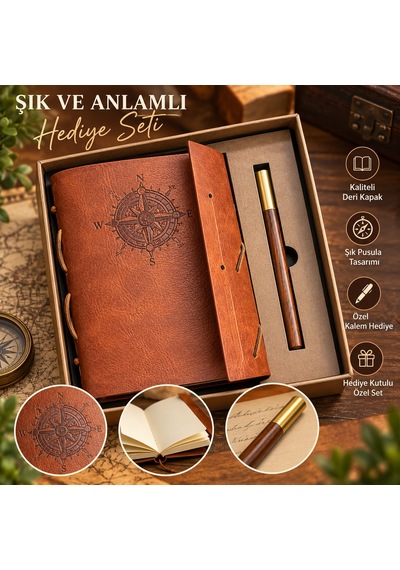 Vintage Pusula Desenli Not Defteri Ve Kalem Seti Çok Renkli