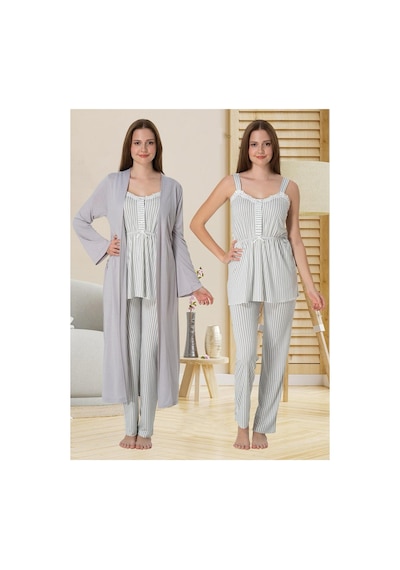 Effortt Dvina Lohusa Hamile Sabahlıklı Çizgili Desenli Ve Askılı Pijama Takımı - 3'lü Set - Gri Gri