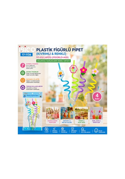 4pcs Kıvrımlı - Renkli Plastik Pipet Figürlü Mix 5671 Çok Renkli