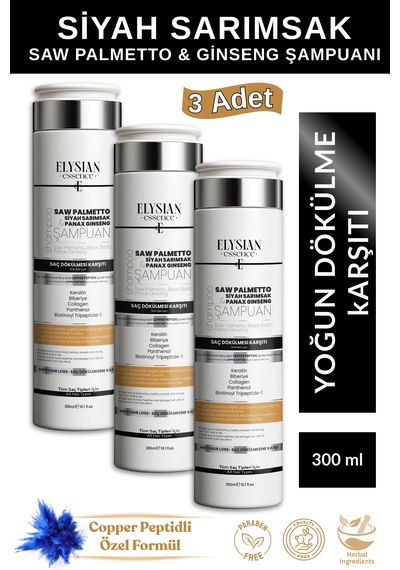 Elysian Essence Saw Palmetto & Siyah Sarımsak & Panax Ginseng Şampuanı 3 Adet Copper Peptidli Saç Dökülmesine Karşı Bakım 300 Ml Tüm Saç Tipleri