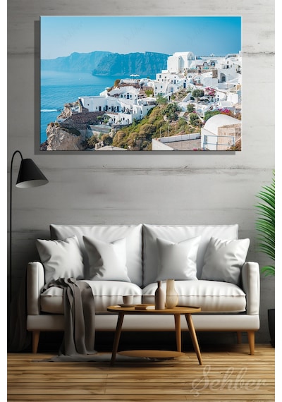 Yunanistan Santorini Adası Oia Köyü Ve Ege Denizi Manzarası Dekoratif Yatay Kanvas Tablo 4062 Çok Renkli